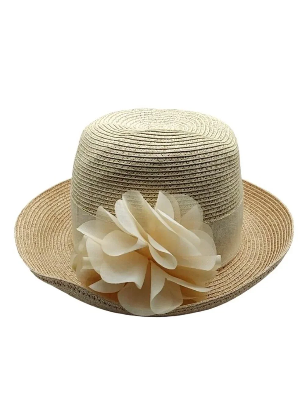 Womens Beige Straw Hat Wide Grosgrain Ribbon Band & Fabric Flower Summer Boho